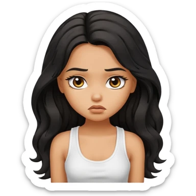 a pretty tan bratz girl with long wavy black hair, wearing a white tank topi. looking sad sticker