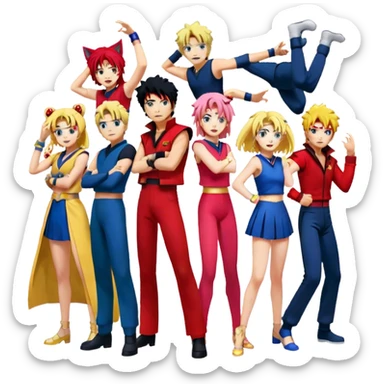 Icon for Anime Collage: Characters from Cowboy Bebop, Naruto, Bishoujo Senshi Sailor Moon and Kimetsu no Yaiba, each in their iconic poses and vibrant outfits, blended together with dynamic backgrounds. Transparent background. sticker