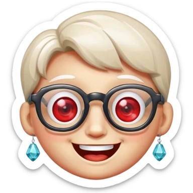 A single crystal gemstone character wearing glasses, chunky and irregular with faceted sides, [red], big glossy eyes behind the glasses and a wide happy smile, , high detail, soft lighting, centered on a plain dark background sticker