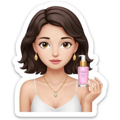 generate a pretty fair bratz girl with dark brown eyes. Dark brown hair wavy hair. light pink lipgloss. white cami top. doing skincare. Dainty gold necklace sticker