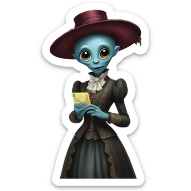 alien galora in Victorian dress elegant, full body, holding big credit card sticker