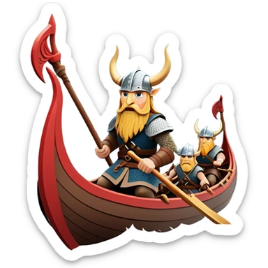 clash-of-clans-aesthetic_-cinematic-viking-longboat, rendered in a flat, bold vector style with minimal shading, featuring a striking dragon-headed prow slicing through waters. shields on the side and vikings rowing The longboat’s, the boat has carved motifs evoke a sense of epic adventure and Nordic might, with billowing sails catching a dramatic, stormy sky backdrop. sticker