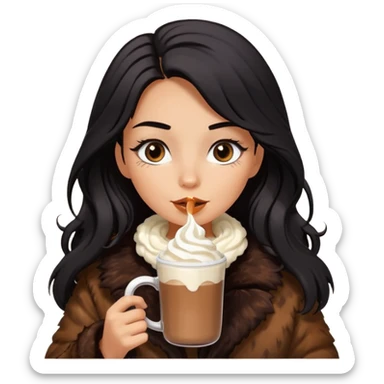 Tanned Girl with lashes , bright black long hair, in an extremely big fluffy brown fur mustang, and drinking hot chocolate drink sticker