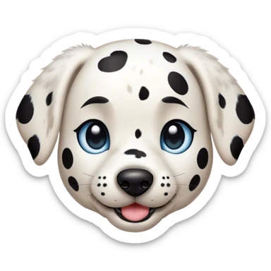 Cinematic Cute Spotted Dalmatian Portrait Emoji, Head tilted playfully and inquisitively, featuring a glossy Fur of predominantly white with dynamic black patches, round, sparkling blue eyes filled with gentle curiosity, Simplified yet irresistibly adorable features, highly detailed, glowing with a warm, friendly glow, high shine, affectionate and gentle, stylized with a touch of whimsy, bright and endearing, soft glowing outline, capturing the essence of a mischievous yet loving pup, so playful it feels like it could lumber out of the screen and into your arms! sticker