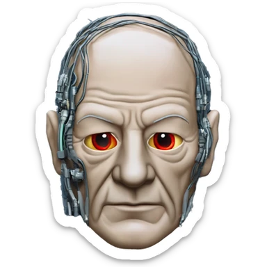 Jean luc picard from Star Trek assimilated by the Borg, with mechanical metal covering the left side of his face, with wires and a red light on the left side. His eyes are blue sticker