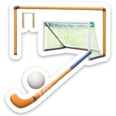 A field hockey stick and ball positioned on a vibrant green grass field, with the goalposts and clear field markings in the background. The scene highlights the lush, well-maintained turf, emphasizing the speed and precision of the sport in an energizing outdoor setting. sticker
