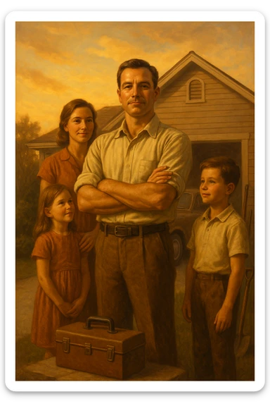 Uomo tra i 35 e i 45 anni, in piedi con postura fiera davanti alla sua casa, circondato dalla famiglia: moglie e figli lo guardano con rispetto e affetto. Indossa abiti semplici ma ordinati, simbolo di lavoro e stabilità (camicia, pantaloni, magari una cassetta degli attrezzi o una valigetta vicino). Sullo sfondo elementi che richiamano i suoi ruoli: casa ordinata, auto familiare, strumenti di lavoro, simboli di protezione e presenza. Espressione serena, forte ma accogliente. Colori caldi, luce naturale del tramonto. Stile realistico, atmosfera rassicurante e simbolica sticker