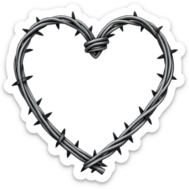 Minimal black line art heart made from barbed wire, hand-drawn sketch look, uneven ink strokes, 6–7 barbs with twisted knots, simple clean outline, centered on plain white background, high contrast sticker