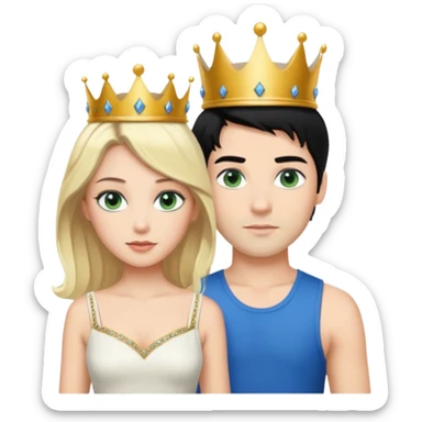 Prince with crown, black hair, body, legst, blue eyes, woman blonde hair, green eyes, sexy white short sleveless dress,  sticker