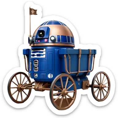 Old American West tarnished R2D2 bounty policeman in 1854 delicately ornate rosegold accents painted buggy buckboard wagon powered by electric motors and batteries with safety features and belts flying rapidly across rough dusty terrain stable on strong agile futuresteampunk suspension and steering  sticker