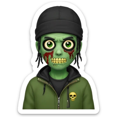 a zombie emoji with black dreads and a black carheartt jacket and black nike ski mask on his head sticker