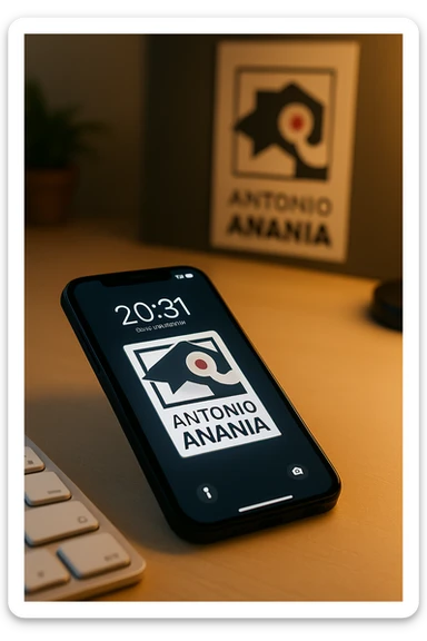 A photo of an iPhone with the message "Antonio Anania" on its screen, The phone sits atop a desk with a blurred background that suggests work environment. A faint glow from above casts gentle shadows across the surface of each object, creating depth and highlighting their textures sticker
