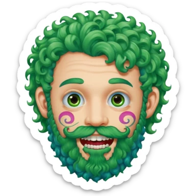 very colorful puffy green curly haired man just beard  no mustache made out of candy wearing teeth-braces and excessive face tattoos just face  sticker