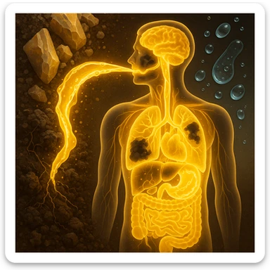Symbolic scene of fulvic acid as a glowing liquid or natural extract being absorbed by a semi-transparent human body. The glowing liquid flows inside, dissolving dark, toxic-looking areas and leaving clean, glowing tissues and organs. Background includes minerals, soil, and pure water, suggesting deep cellular cleansing. Style is conceptual, semi-realistic, medical-meets-holistic with a clean energy aesthetic and vibrant contrast between detox and toxicity. High detail, 4K resolution. sticker