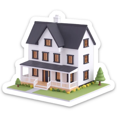 modern farmhouse dollhouse, white with black trim and wooden accents, 3d isometric  sticker