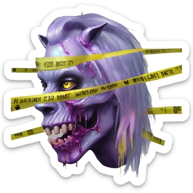 .Zombie_ Vaporwave black holographic oilslick zombie unicorn yellow caution tape sticker