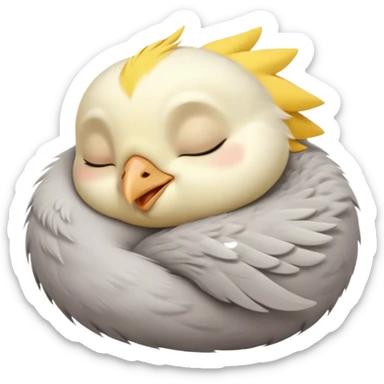 Meme-Worthy Cute Sleeping Cockatiel Portrait Emoji, Head resting peacefully with a contented smile, showcasing a delicate, slender build and a luxuriously soft grey fur with gentle yellow accents, eyes shut in a serene nap, Simplified yet hilariously adorable features, highly detailed, glowing with a soft, drowsy light, high shine, relaxed and utterly lovable, stylized with an air of playful laziness, bright and heartwarming, soft glowing outline, capturing the essence of a comically sleepy cockatiel, so meme-worthy it feels like it could instantly become the next viral sensation of adorable slumber! sticker
