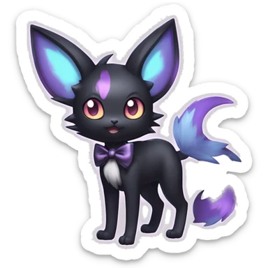 Shiny Cool pastel Edgy Black beautiful ethereal fantasy Kawaii Sona Umbreon-Noibat-Litten-Fakemon-cat-animal with edgy bat-ears bow tie black mane vtuber model Full Body sticker