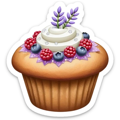 Lavender flower sprigs on a muffin with berries and sugar crystals sticker