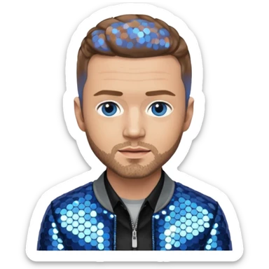 Justin Timberlake with light brown hair, gray sequin jacket, black shirt, blue eye, light skin sticker