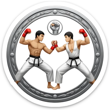 Round emblem symbolizing striking martial arts. The emblem features two fighters in dynamic stances, one delivering a powerful punch while the other defends with a block. In the center, a stylized fist and foot crossed to represent the essence of striking.  sticker