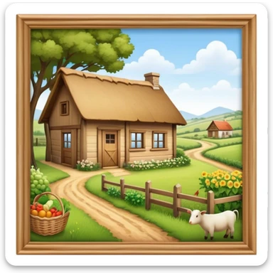 Icon for Rural Tourism: a peaceful countryside scene with a wooden cottage, a dirt path, grazing animals, and a basket of fresh produce. The icon should represent the tranquility and charm of rural life. Transparent background. sticker