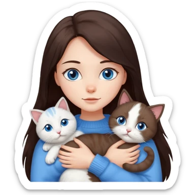 a girl with long dark 
brown hair, with blue eyes, in a
white sweater, hugs 3 different natural coloured cats sticker