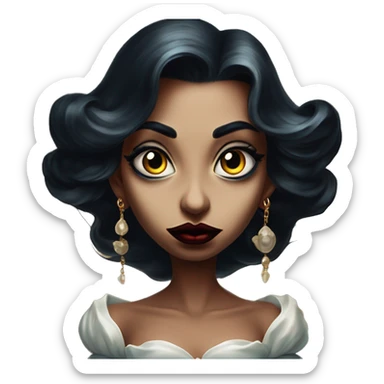 Jasmine vampire lunatic in Uncle Scrooge style, oil paint, mysterious eyes, intricate lips, masterpiece pose, odd perspective, beautiful, desirable, logical sticker