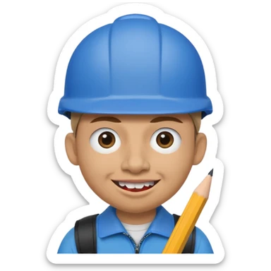 A round head puppet with 2 buck teeth a blue bike helmet and a round nose with a pencil in it also he has a unibrow and blue eyes sticker