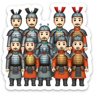 Terracotta Army Xi'an, simplified emoji style with bold outlines and bright colors, cartoon style ancient warrior statues sticker