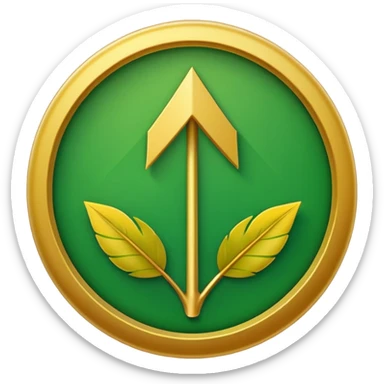 "A simple, strong, rounded arrow pointing upwards, encased within a circle made of two green, curved leaves. Use bright, contrasting colors (green and yellow/gold) for vitality. Minimalist 32x32 pixel emoji icon. Transparent background." sticker