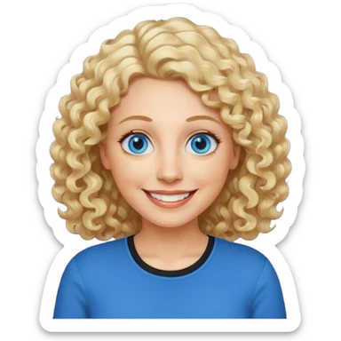 Middle aged woman with blonde curly shoulder-length hair, big blue eyes, wide smile, black shirt sticker