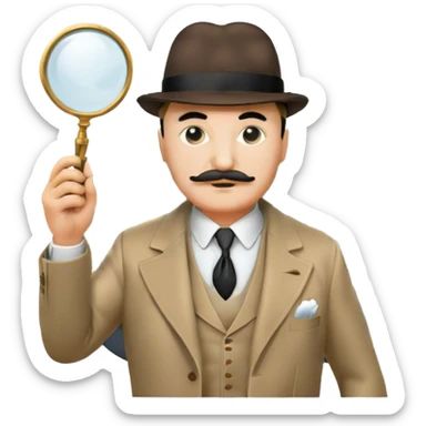 A cinematic-style frame showing Hercule Poirot in his iconic suit with a magnifying glass in a dramatic detective pose. Background should be mysterious city, a board with photos of suspects, clues like fingerprints. Transparent background. sticker