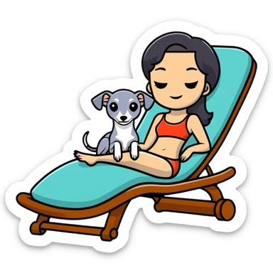 Very thin Chinese woman with long black hair relaxing on a spa lounger with exactly ONE Italian greyhound that is COMPLETELY solid grey - IMPORTANT: the dog must be ENTIRELY ONE UNIFORM GREY COLOR with ABSOLUTELY NO WHITE MARKINGS ANYWHERE - no white on face, no white on chest, no white on paws, nothing but pure grey throughout the entire dog sticker
