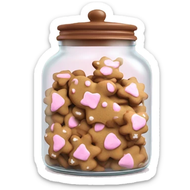 Realistic glass cookie jar with light pink lid full of gingerbread cookies isolated.  sticker