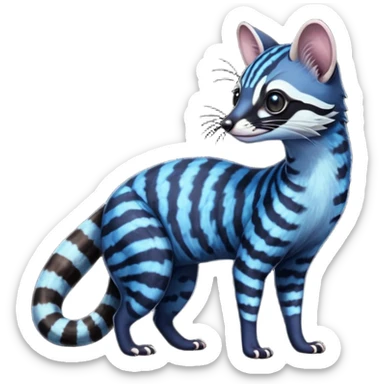 Feral Rare Fantasy iridescent scaly dark shady shaded detailed deep-dark-cobalt-blue-gradients-colored colorful Genet-Trico-Civet-Cacomistle-Margay-species by LiLaiRa, with dark-blackish points, white belly, random markings, tufted tail, tufted ears, full body sticker