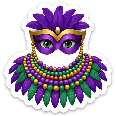 Add Mardi Gras beads to the simple collar while keeping the basic purple, green, and gold ruffles. The style should resemble emoji style with a transparent background. sticker