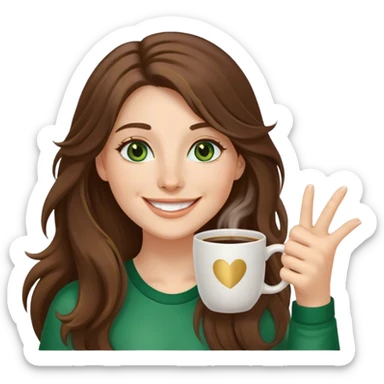 Long, Brown haired girl with middle hair part, green eyes, gold hoop nose ring, smiling, waving with one hand, coffee mug in the other sticker