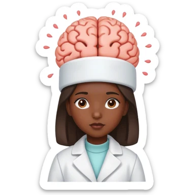 a young girl with dark skin, dressed a bit like a doctor, with a brain on her head sticker