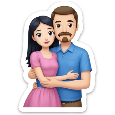 Tall white man with brown mustache goatee wearing blue hugging a short pale woman with long black hair wearing pink sticker