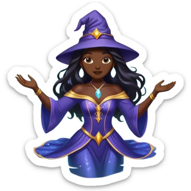 A glamorous celebrity-style woman with long dark hair, dressed as a mystical wizard, floating in a magical pool. She looks confident and enchanting, with a playful ghost nearby. No swimsuit, but covered in a glowing magical aura. sticker