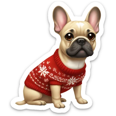 A Frenchie with a Christmas sweater sticker