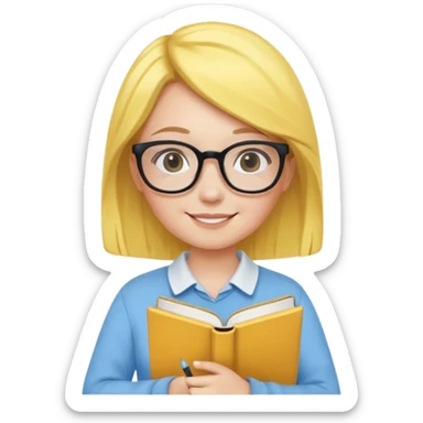 A smart and cute girl with yellow bobbed hair, wearing sky blue clothes,
I hold a book in one arm. There is a pen in the book.
He is wearing black-rimmed glasses and smiling brightly. sticker