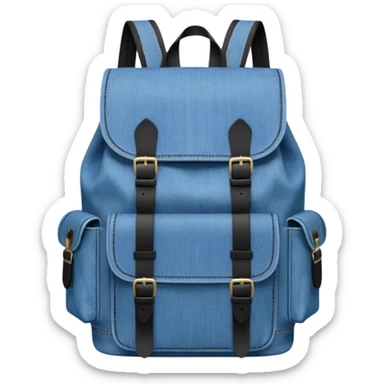 An emoji-style blue denim backpack with a flap top. Two short black buckle straps are attached only at the top flap, do  not extending to the bottom. The front is clean with no pockets or extended straps. The backpack has two side pockets. 


 sticker