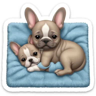 Gray French bulldog puppy, sleeping on a realistic fuzzy blanket with his mom sticker