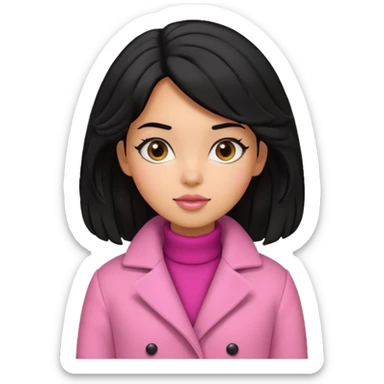 A caramel skinned girl that’s has puffy black hair with her hair up skinny and wears a pink coat  sticker