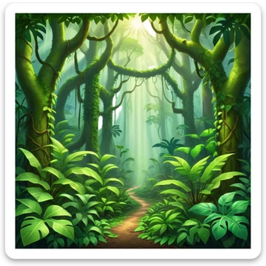 Cinematic Realistic Rainforest Emoji, Lush and vibrant, filled with towering trees, thick vines, and dense green foliage, sunlight filtering through the canopy above, creating dappled patches of light on the rich, diverse undergrowth. The air is heavy with moisture, with mist rising from the forest floor and distant calls of exotic birds and animals echoing through the trees. Soft glowing outline, capturing the essence of a thriving, untamed tropical paradise filled with life! sticker