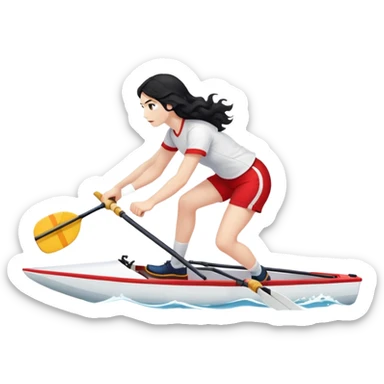 girl with long black wavy hair, white skin, wearing red shorts and white short-sleeve t-shirt, doing Olympic rowing in a long thin racing boat, facing fully right, slightly from a distance sticker