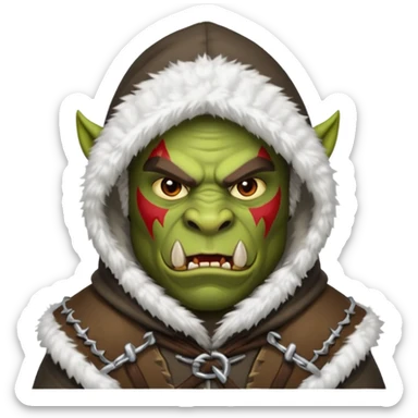 Fantasy Christmas orc raider icon, winter bandit style, fur hood, aggressive cunning expression, snowy action mood, clean emoji portrait style, male/female variant
 sticker