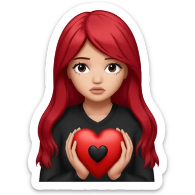 A Kylie Jenner with long red hair is sad and holds a black heart in her hands sticker